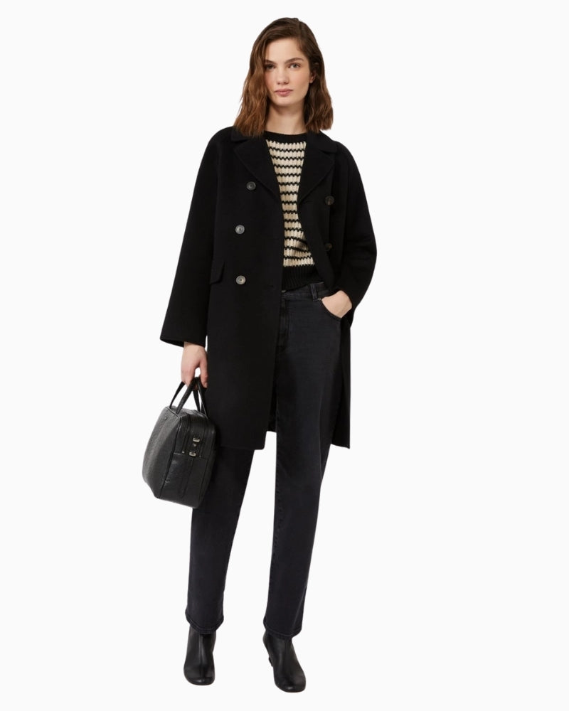 Front view of Weekend Max Mara Zolfo double-breasted midi coat in black wool with small lapel collar
