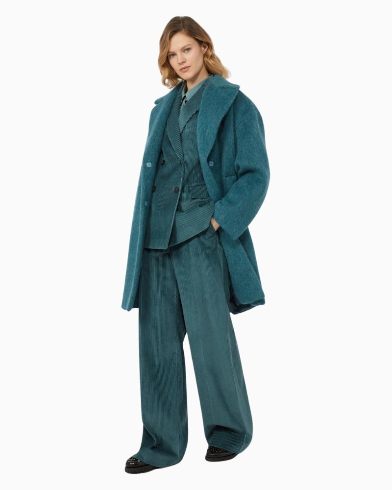 Front view of oversized midi Rada coat by Weekend Max Mara in wool, alpaca, and mohair blend with wide lapel collar