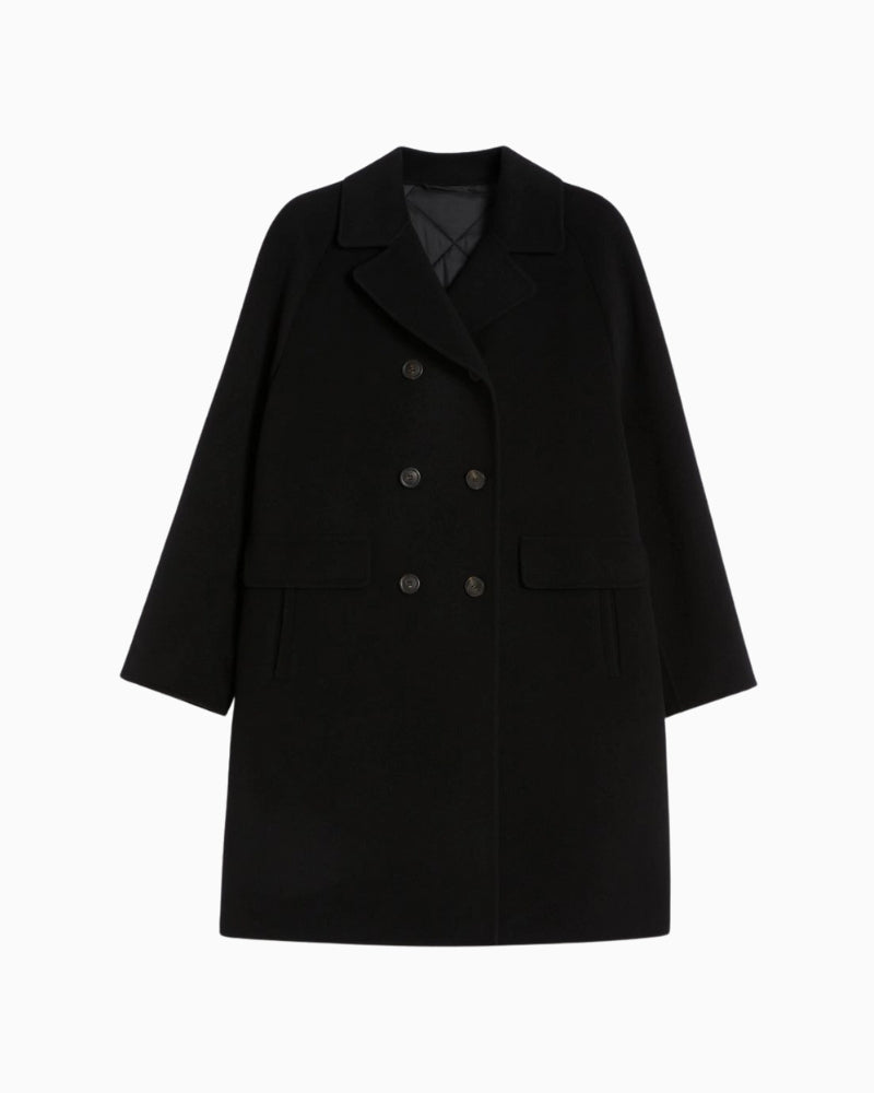 Front view of Weekend Max Mara Zolfo double-breasted midi coat in black wool with small lapel collar