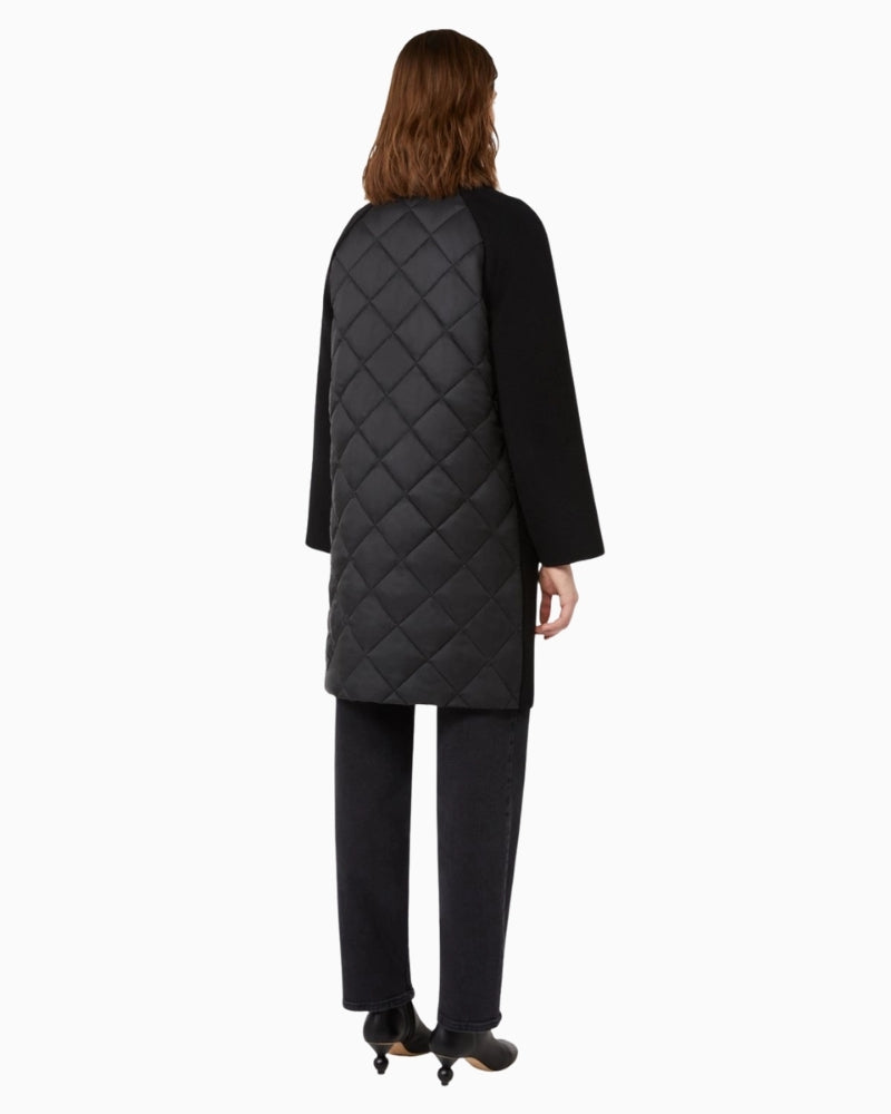 Back view of Zolfo coat showing quilted, water-repellent panel with diamond stitching