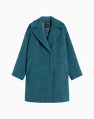 Front view of oversized midi Rada coat by Weekend Max Mara in wool, alpaca, and mohair blend with wide lapel collar