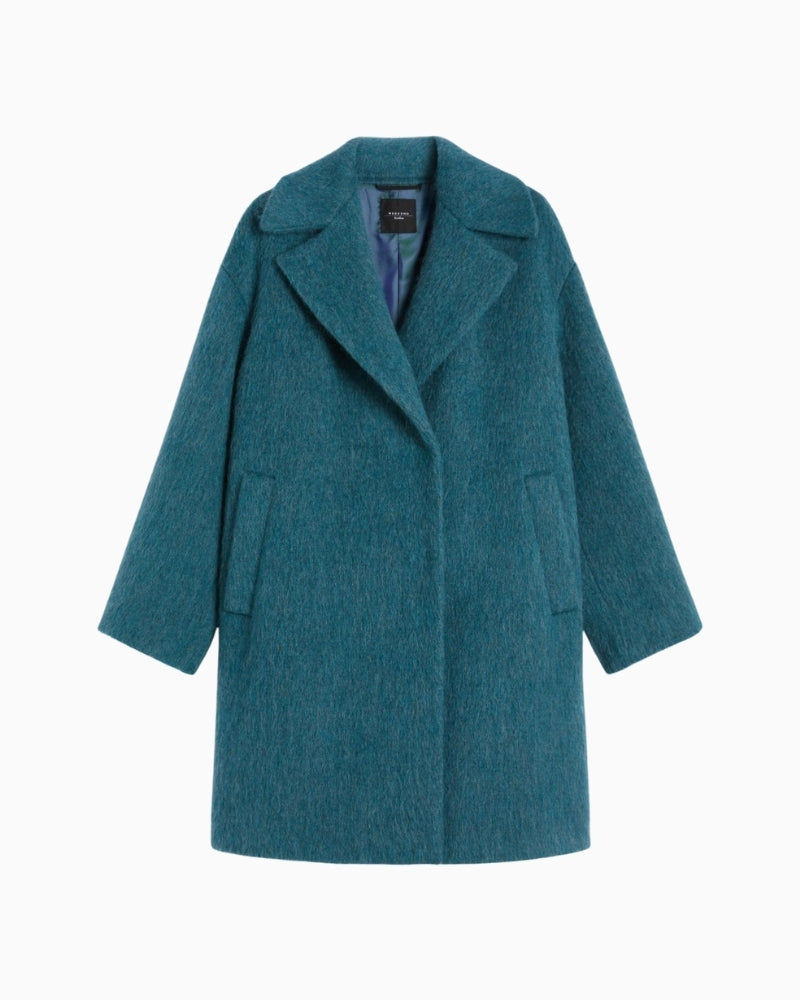 Front view of oversized midi Rada coat by Weekend Max Mara in wool, alpaca, and mohair blend with wide lapel collar