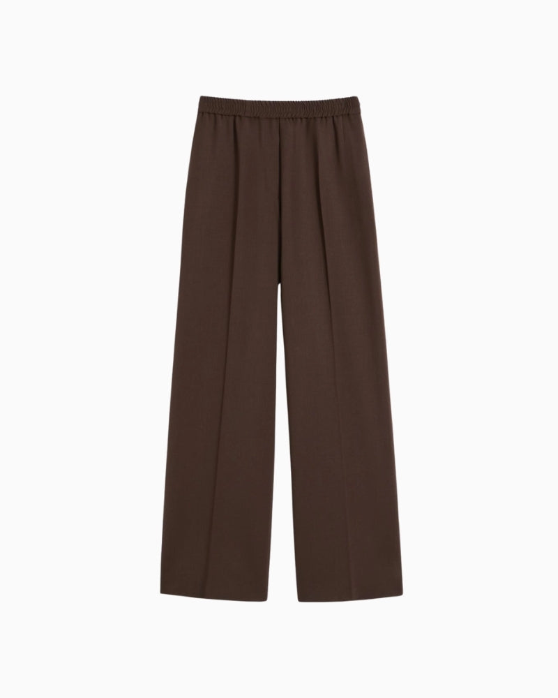 Front view of Petra trousers showing elastic waistband and crease detail