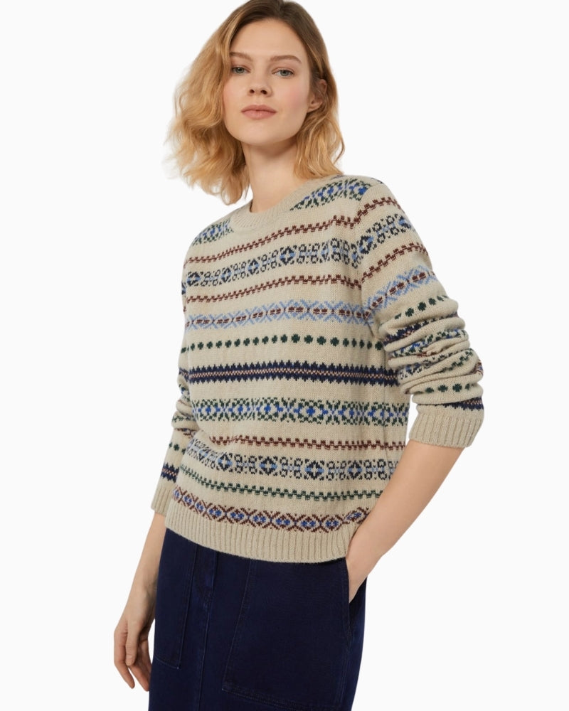 Close-up of jacquard knit texture and ribbed trim on Weekend Max Mara jumper