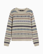 Front view of Quirite jumper with all-over pattern and ribbed crew neckline