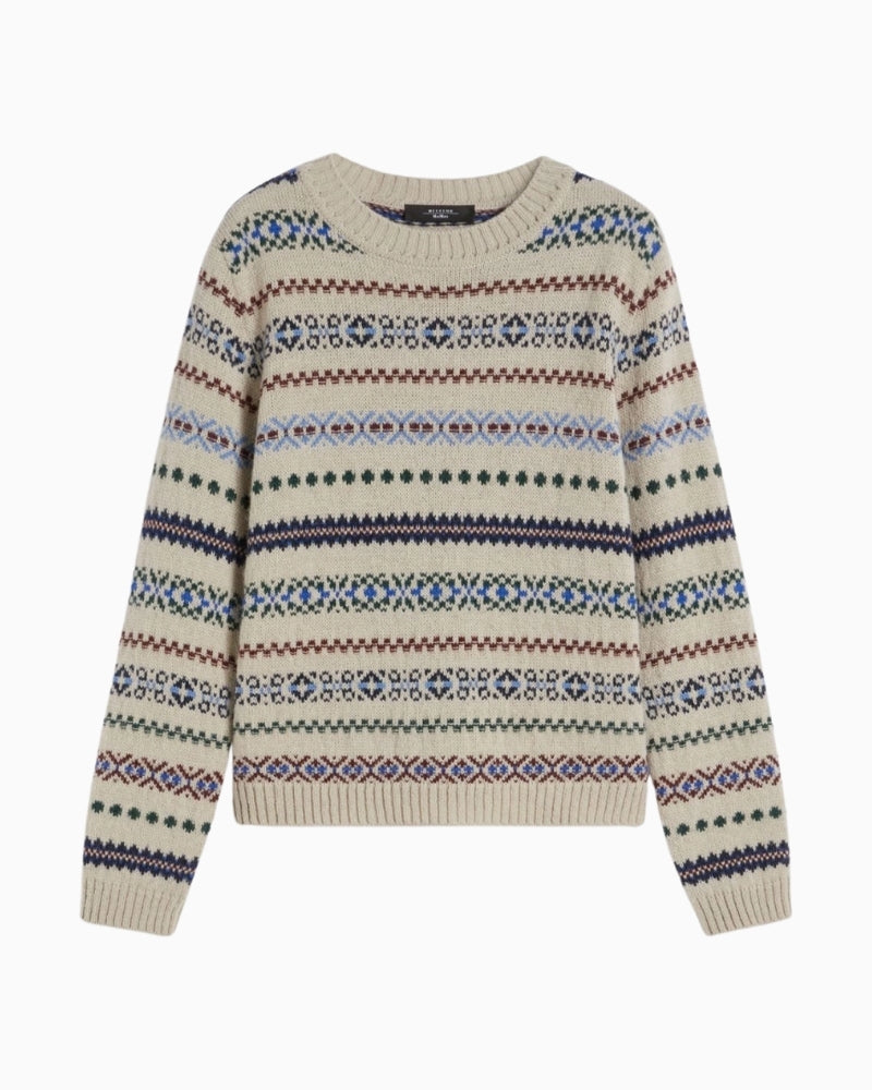 Front view of Quirite jumper with all-over pattern and ribbed crew neckline