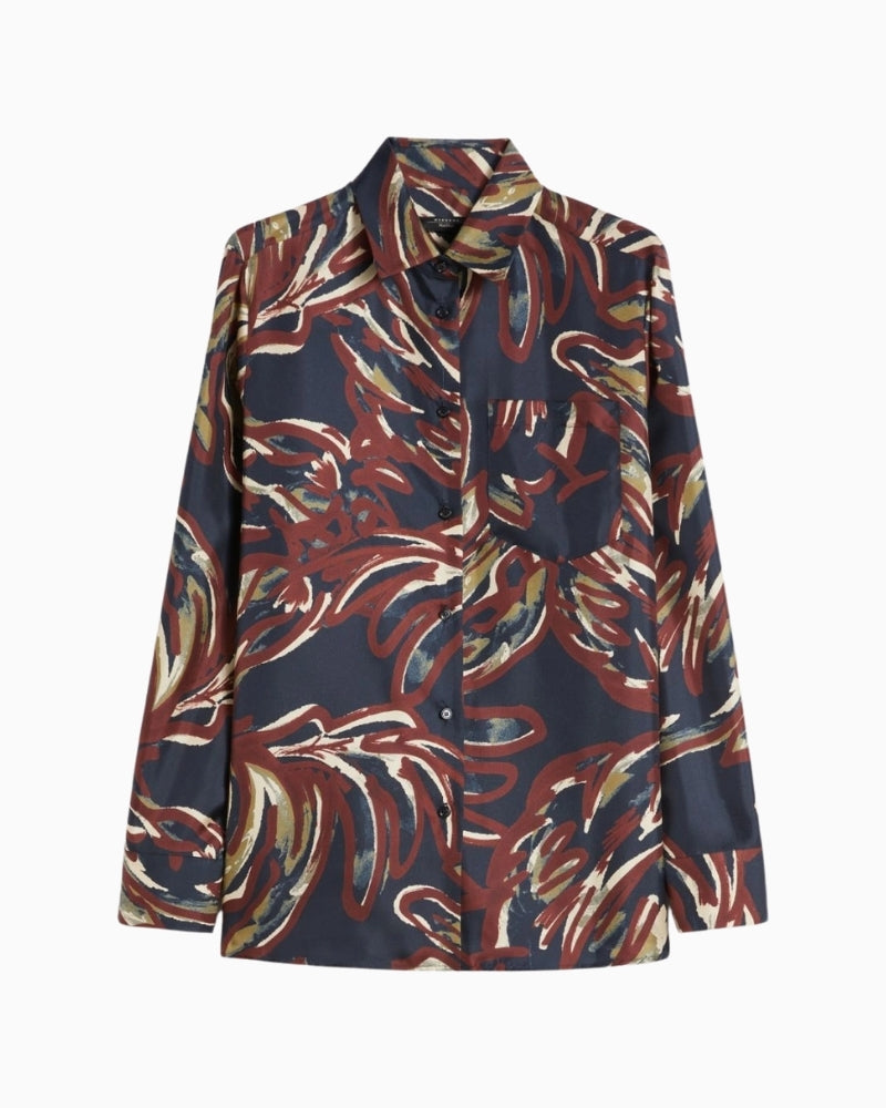 Front view of pure silk twill shirt with mother-of-pearl buttons and breast pocket