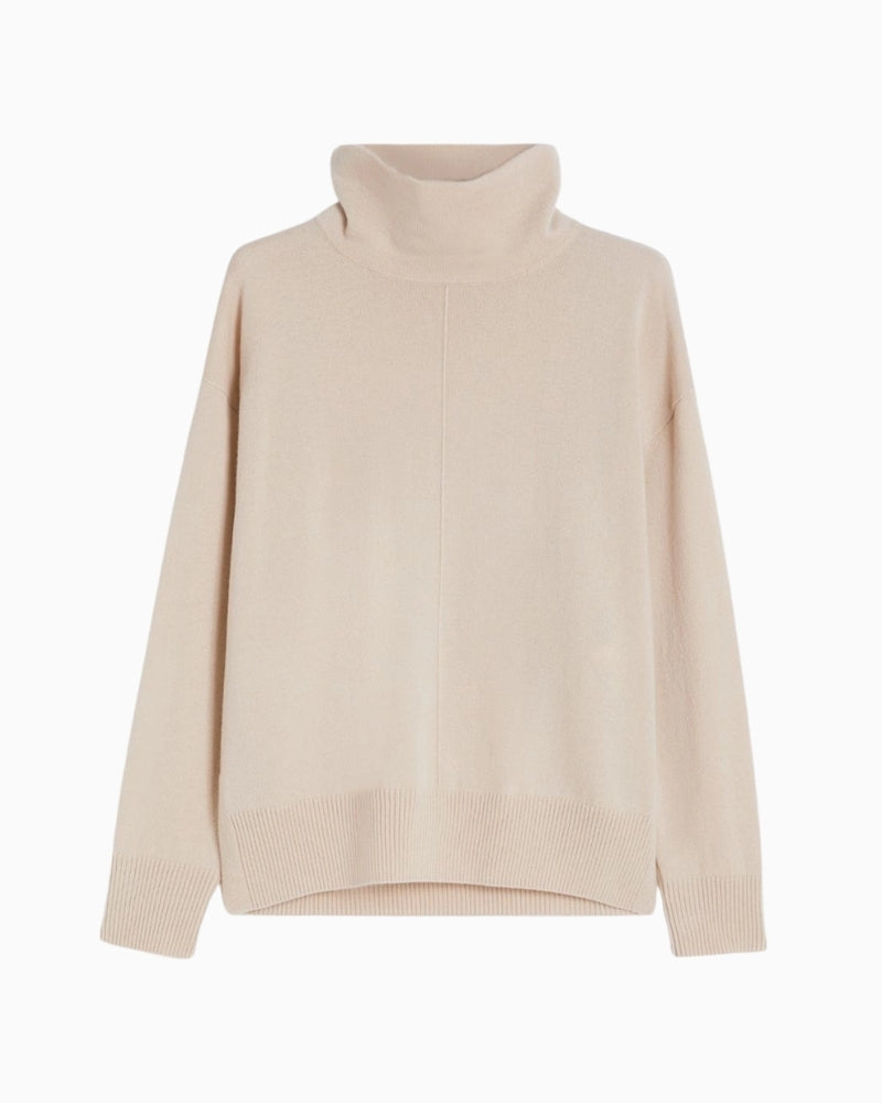 Front view of Scrivia knit with crater neckline and long sleeves