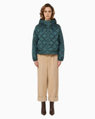 Front view of Weekend Max Mara Eris short down jacket in olive water-repellent fabric with diamond quilting