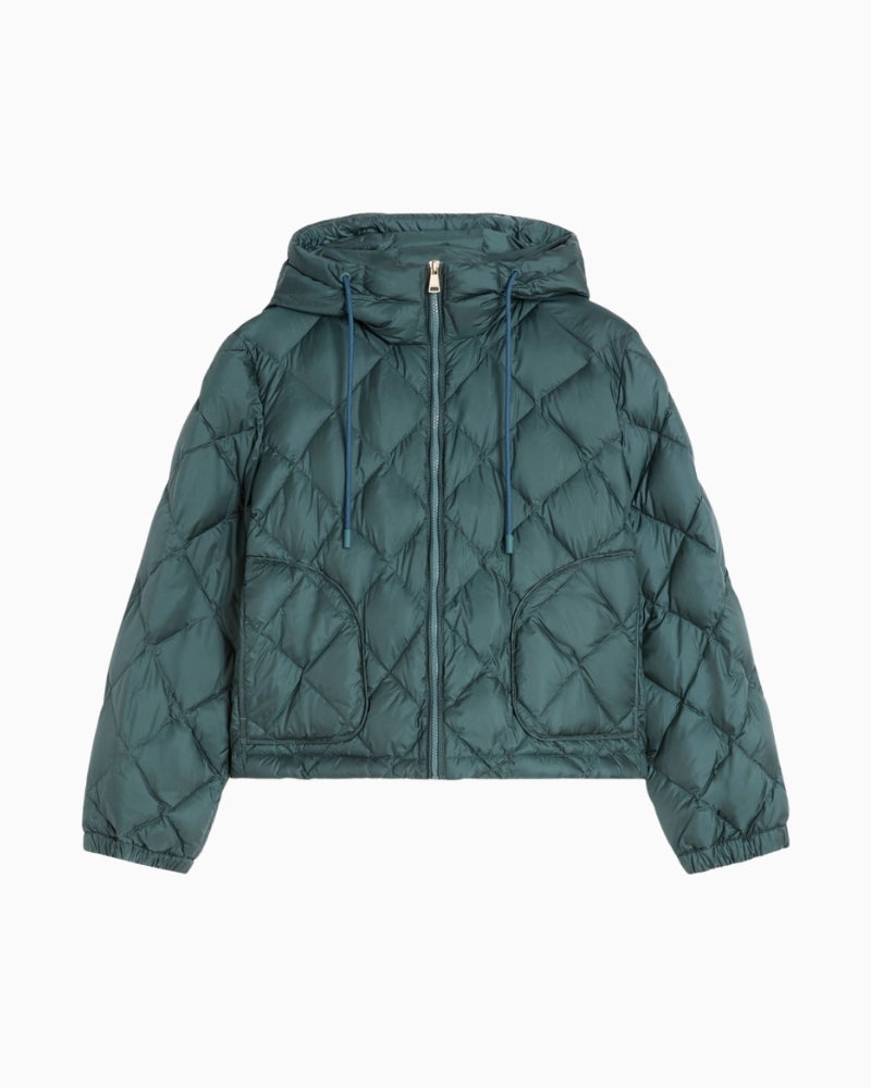 Front view of Weekend Max Mara Eris short down jacket in olive water-repellent fabric with diamond quilting