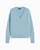 Front view of light blue alpaca blend V-neck jumper by Weekend Max Mara with relaxed fit and ribbed edges