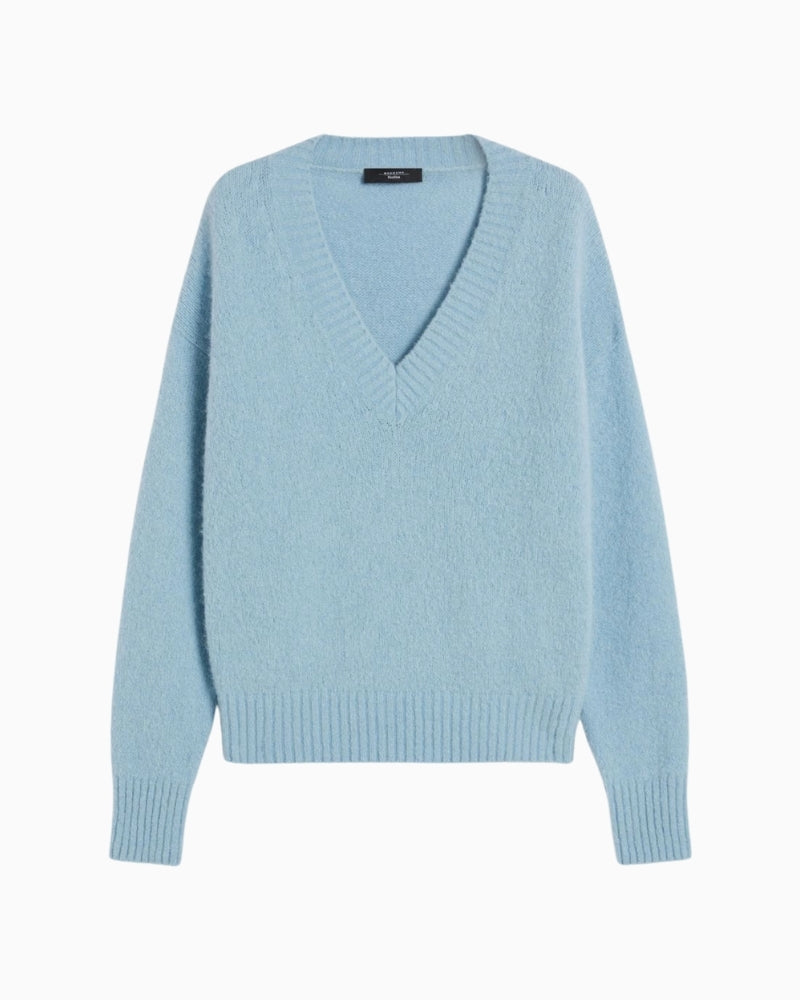 Front view of light blue alpaca blend V-neck jumper by Weekend Max Mara with relaxed fit and ribbed edges