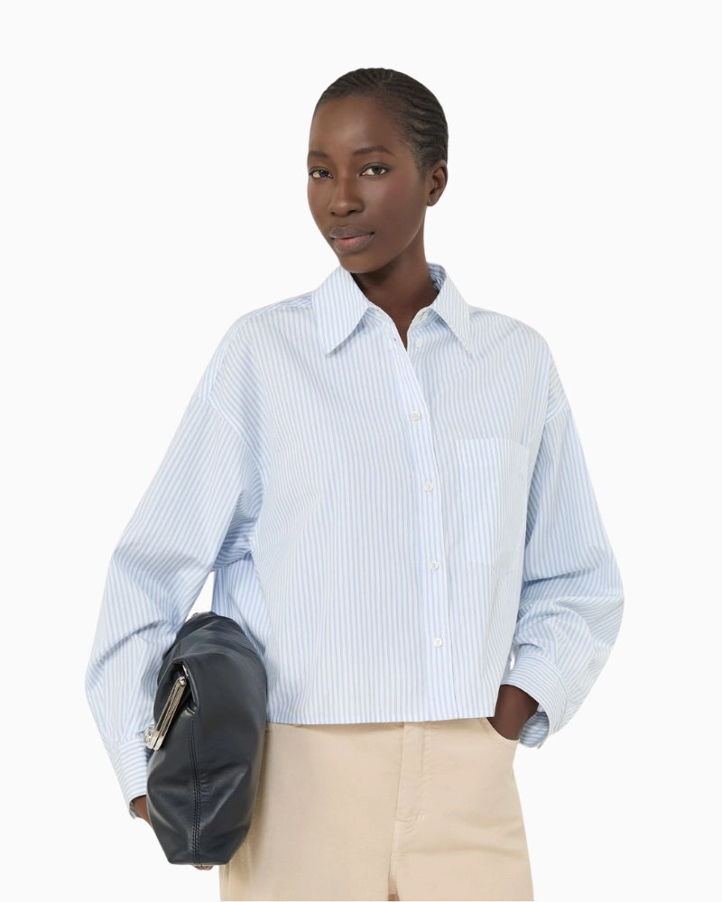 Weekend Max Mara Deden shirt light blue front view woman wearing – Áines Boutique