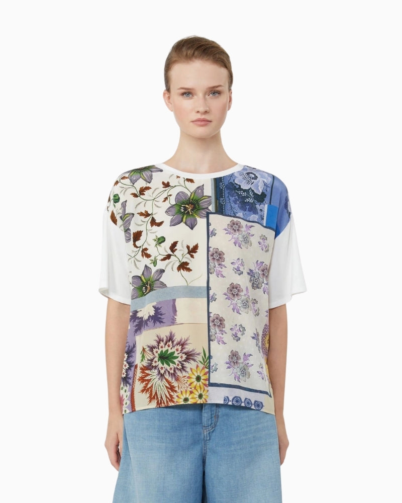 Weekend Max Mara silk front T-shirt multicolour, woman wearing front view – Áines Boutique