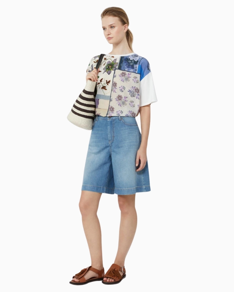 Weekend Max Mara silk front T-shirt multicolour, woman wearing front view – Áines Boutique