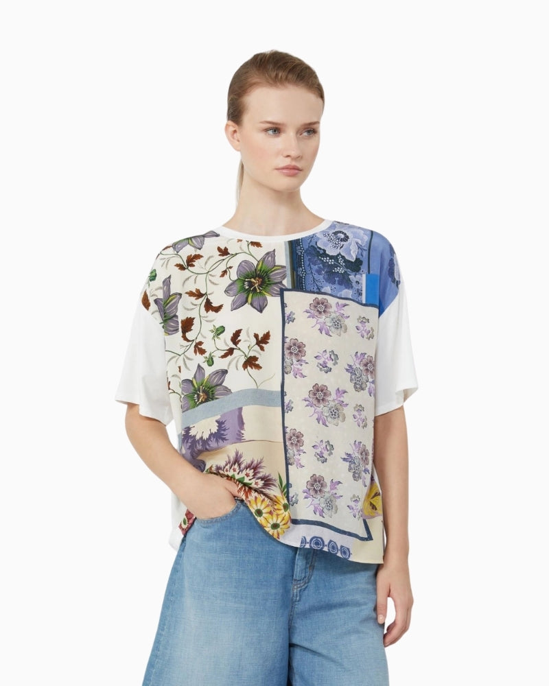 Weekend Max Mara silk front T-shirt multicolour, woman wearing side view – Áines Boutique