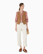 Woman wearing Weekend cotton straight leg trousers, front view – Áines Boutique