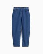 Flat lay view showing dart detail and deep navy cotton denim fabric