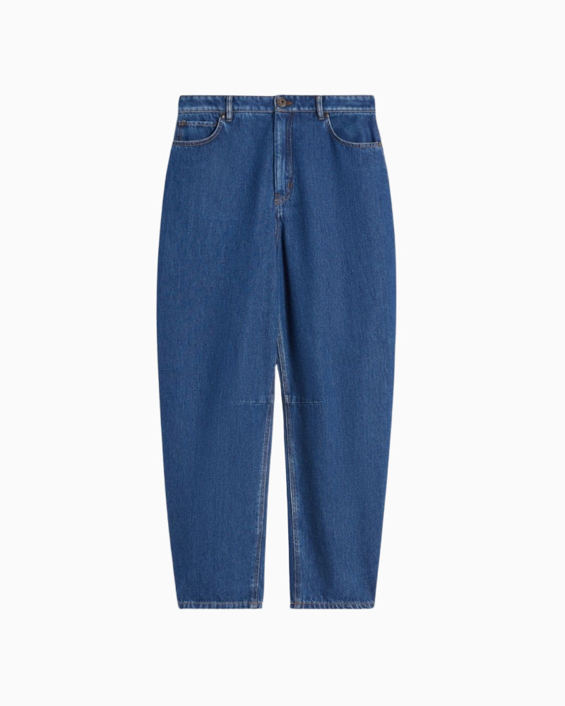 Flat lay view showing dart detail and deep navy cotton denim fabric