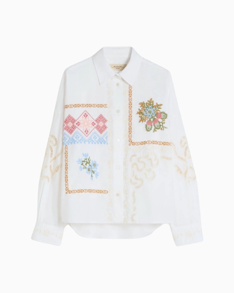 Weekend embroidered cotton poplin cropped shirt, flat lay front view – Áines Boutique
