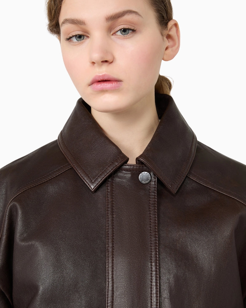 Weekend Max Mara Calata Nappa Leather Aviator Jacket in Dark Brown collar detail