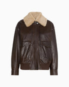 Weekend Max Mara Calata Nappa Leather Aviator Jacket in Dark Brown patch pocket detail