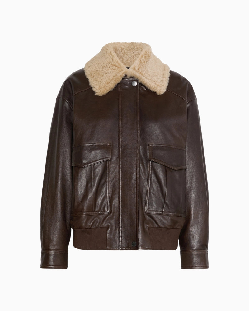 Weekend Max Mara Calata Nappa Leather Aviator Jacket in Dark Brown patch pocket detail