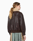 Weekend Max Mara Calata Nappa Leather Aviator Jacket in Dark Brown ribbed waist detail