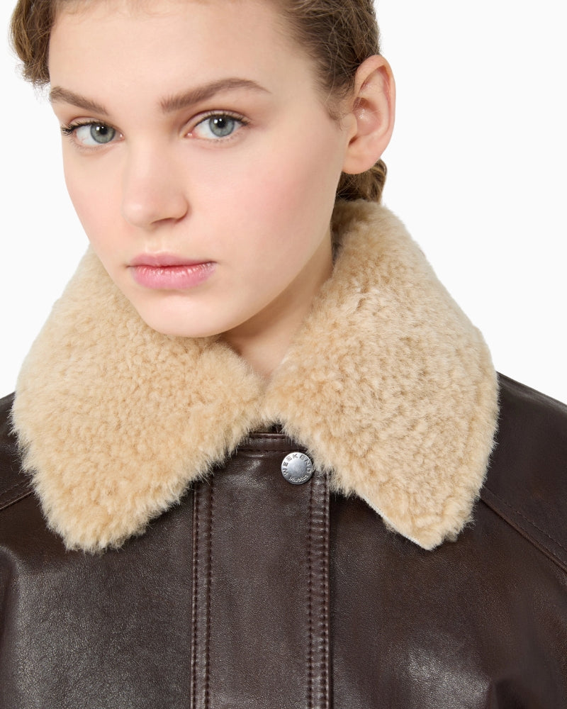 Weekend Max Mara Calata Nappa Leather Aviator Jacket in Dark Brown sheepskin collar detail
