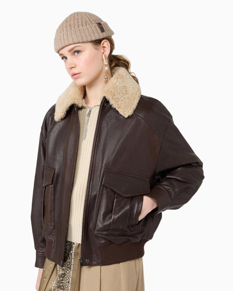 Weekend Max Mara Calata Nappa Leather Aviator Jacket in Dark Brown sheepskin collar detail