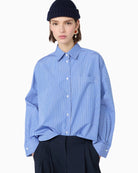 Weekend Max Mara Cotton Poplin Shirt in Blue Stripe collar detail