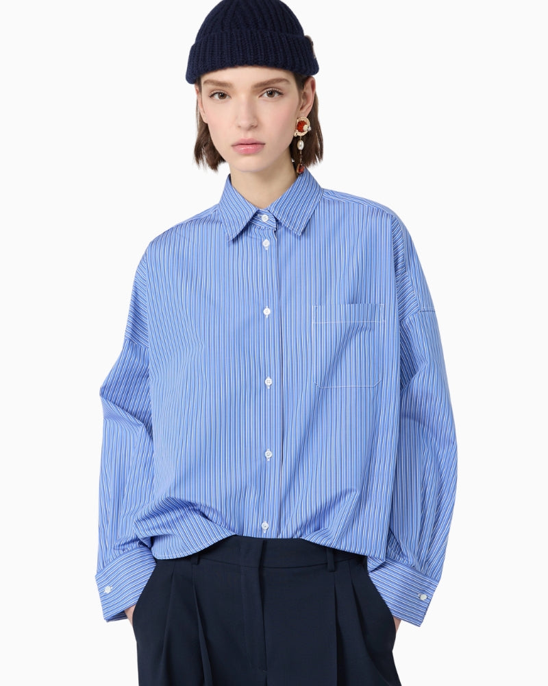 Weekend Max Mara Cotton Poplin Shirt in Blue Stripe collar detail
