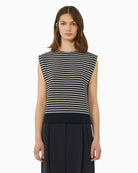 Woman wearing Weekend Max Mara cotton yarn gilet navy, front view – Áines Boutique