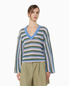 Weekend Max Mara Depica Linen V-Neck Jumper in blue green V-neck detail
