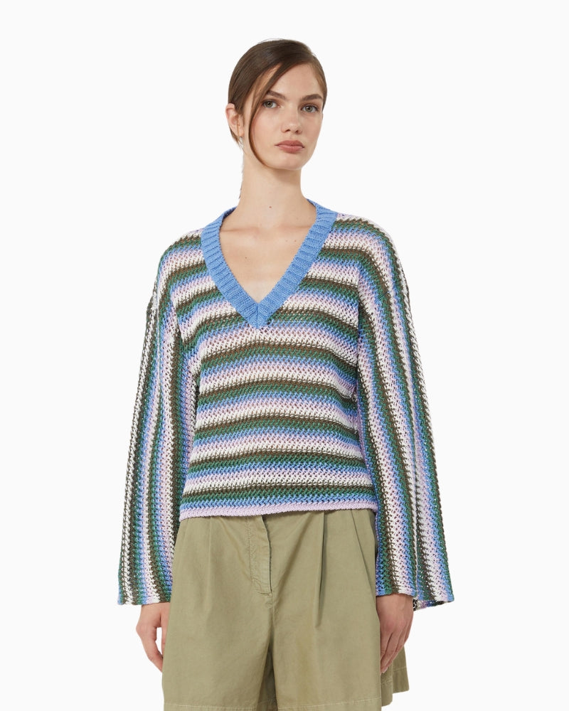 Weekend Max Mara Depica Linen V-Neck Jumper in blue green V-neck detail