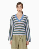 Weekend Max Mara Depica Linen V-Neck Jumper in blue green front view