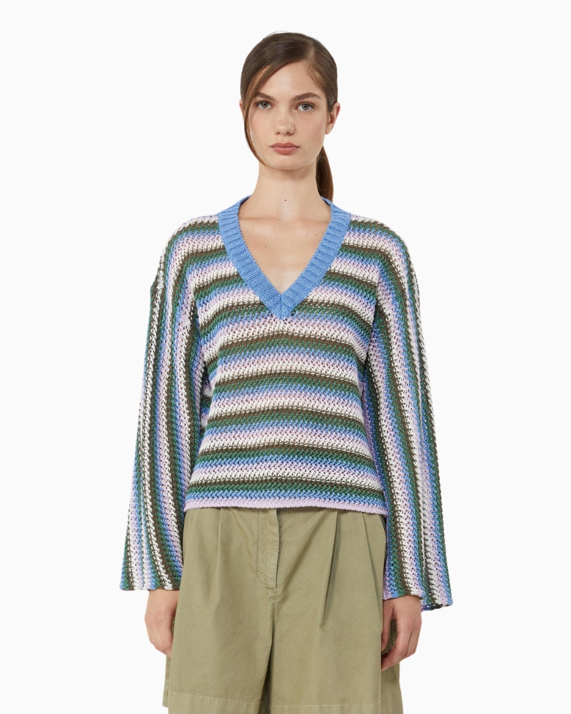 Weekend Max Mara Depica Linen V-Neck Jumper in blue green front view