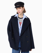 Weekend Max Mara Double-Breasted Pea Coat in Navy button fastening detail