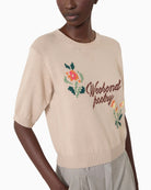 Weekend Max Mara Embroidered Cotton Yarn Sweater in Beige embroidered detail