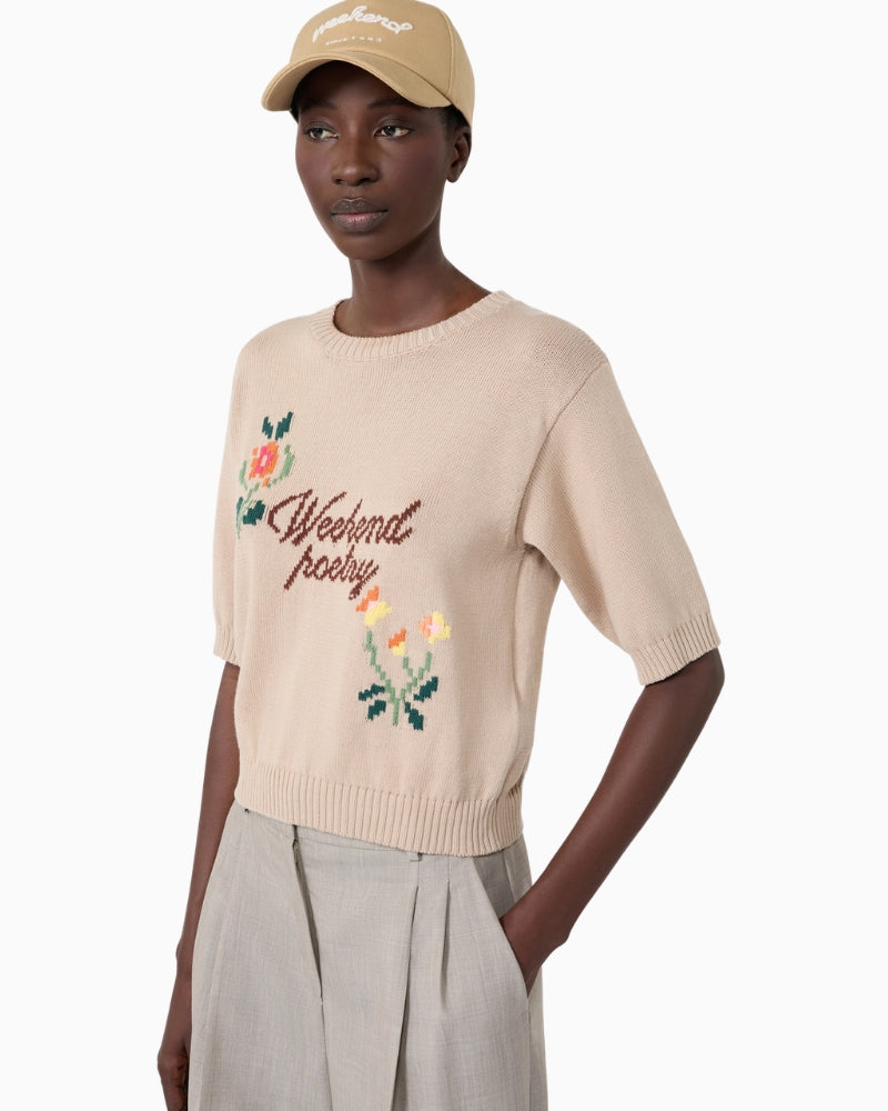 Weekend Max Mara Embroidered Cotton Yarn Sweater in Beige side view