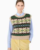 Weekend Max Mara Jacquard Wool Yarn Gilet in Beige/Brown jacquard detail