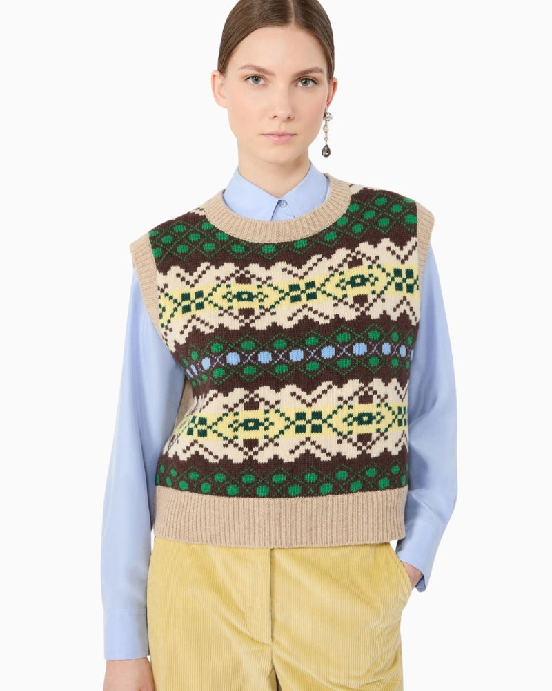 Weekend Max Mara Jacquard Wool Yarn Gilet in Beige/Brown jacquard detail