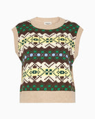 Weekend Max Mara Jacquard Wool Yarn Gilet in Beige/Brown ribbed trim detail