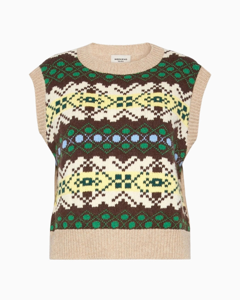 Weekend Max Mara Jacquard Wool Yarn Gilet in Beige/Brown ribbed trim detail