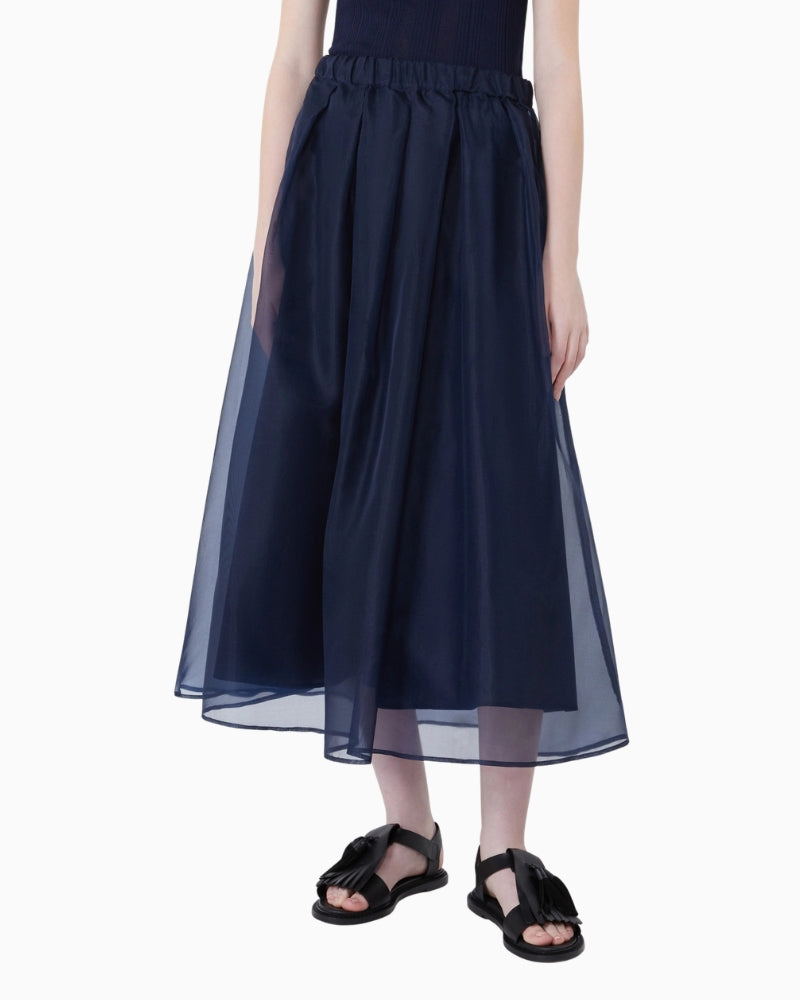 Weekend Max Mara Pleated Silk Organza Skirt in Navy front view