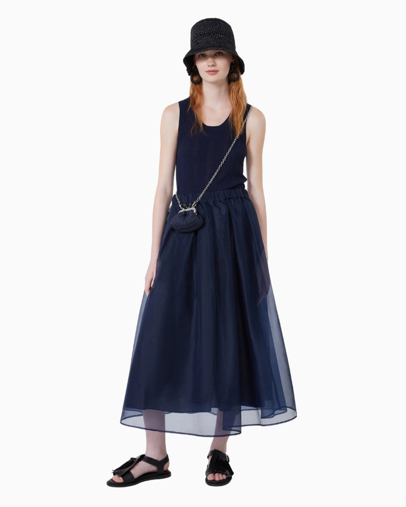 Weekend Max Mara Pleated Silk Organza Skirt in Navy pleat detail