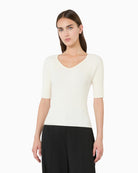 Weekend Max Mara Rib-Knit Stretch Viscose Sweater in Ecru V-neck detail
