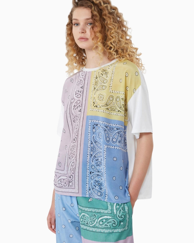 Woman wearing Weekend Max Mara multicolour T-shirt front angle – Áines Boutique