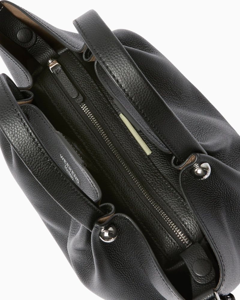 Weekend Max Mara Small Leather Tote Bag in black top zip detail