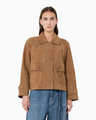 Weekend Max Mara Soft Suede Jacket in Tan front view